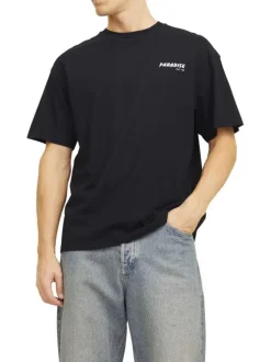 T-shirt manches courtes en coton noir imprimé bleu à coupe ample et col rond