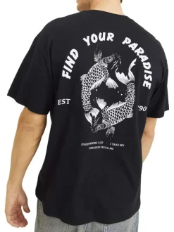 T-shirt manches courtes en coton noir imprimé bleu à coupe ample et col rond