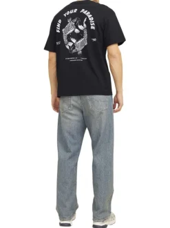 T-shirt manches courtes en coton noir imprimé bleu à coupe ample et col rond