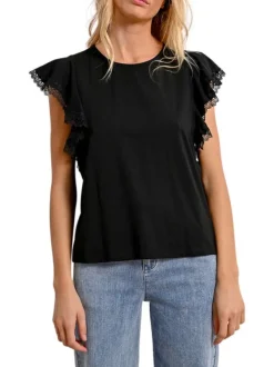T-shirt manches courtes en coton noir uni avec une coupe droite et un col rond