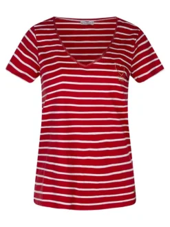 T-shirt à manches courtes en coton rouge rayé avec une coupe droite et un col v