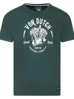 T-shirt manches courtes en coton vert sapin avec imprimé moteur et col rond