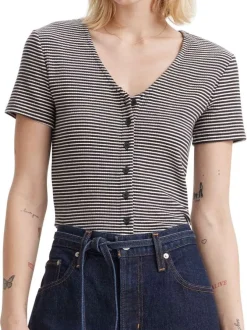 T-shirt manches courtes marine en coton à rayures blanches avec un col v