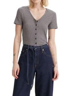 T-shirt manches courtes marine en coton à rayures blanches avec un col v