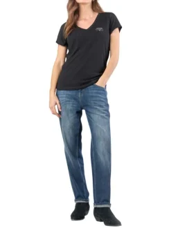 T-shirt manches courtes noir uni avec une coupe droite et un col V