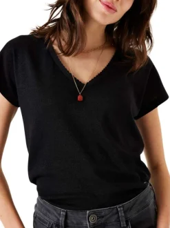 T-shirt manches courtes noir uni à coupe droite et col v festonné
