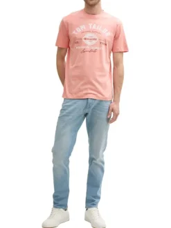 T-shirt manches courtes rose en coton avec logo blanc imprimé à coupe regular
