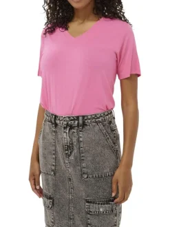 T-shirt manches courtes rose uni avec un col v et une coupe droite