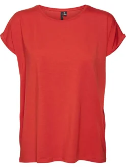 T-shirt manches courtes rouge uni avec un col v et une coupe droite
