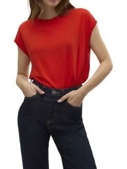 T-shirt manches courtes rouge uni avec un col v et une coupe droite