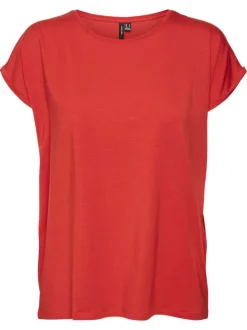 T-shirt manches courtes rouge uni avec un col v et une coupe droite