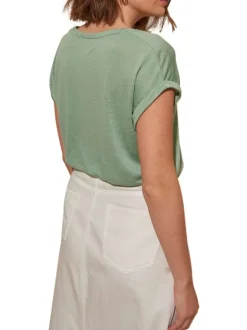T-shirt manches courtes vert uni avec un col v et une coupe droite