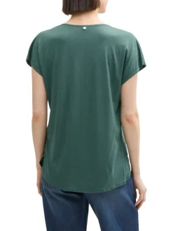 T-shirt manches courtes vert uni à coupe droite avec un col rond fendu