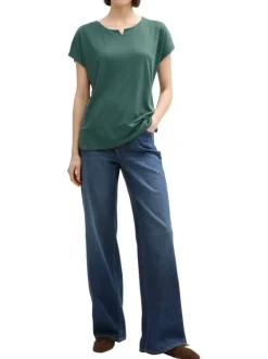 T-shirt manches courtes vert uni à coupe droite avec un col rond fendu