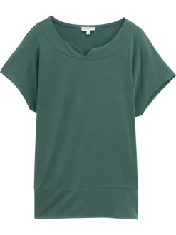 T-shirt manches courtes vert uni à coupe droite avec un col rond fendu