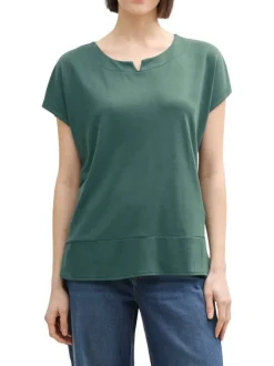 T-shirt manches courtes vert uni à coupe droite avec un col rond fendu