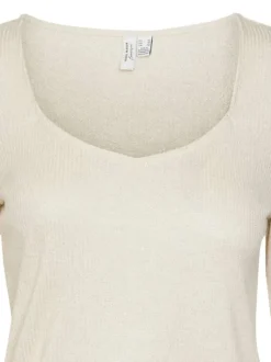 T-shirt à manches longues écru côtelé et pailleté à coupe près du corps