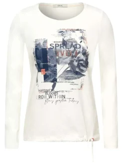T-shirt manches longues écru imprimé à strass en coton col rond