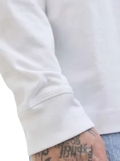 T-shirt à manches longues en coton blanc uni à coupe droite avec un col rond