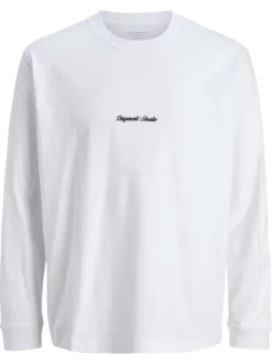 T-shirt à manches longues en coton blanc uni à coupe droite avec un col rond