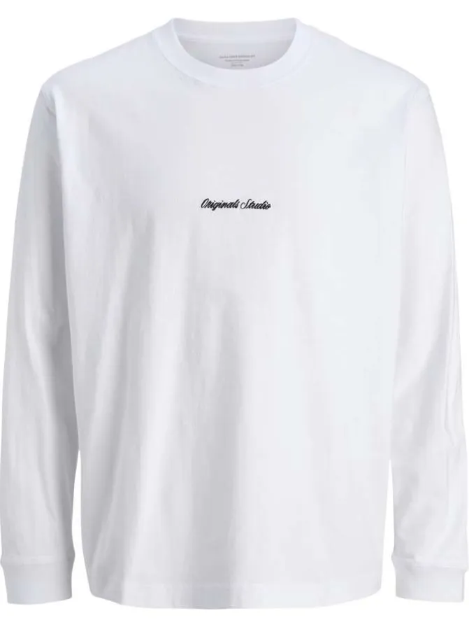 T-shirt à manches longues en coton blanc uni à coupe droite avec un col rond