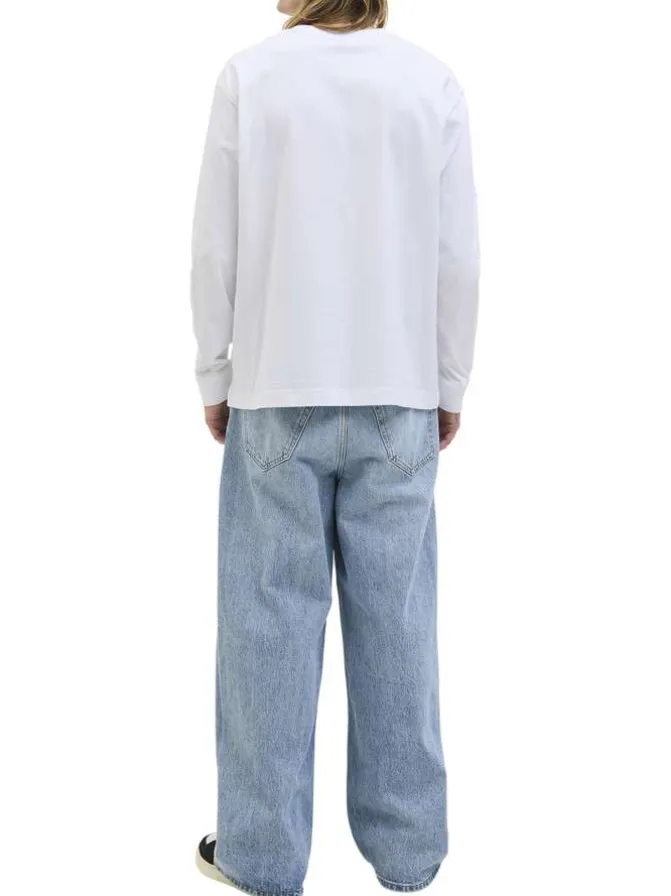 T-shirt à manches longues en coton blanc uni à coupe droite avec un col rond