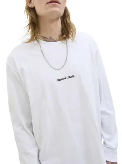 T-shirt à manches longues en coton blanc uni à coupe droite avec un col rond