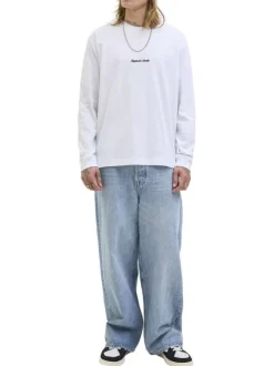 T-shirt à manches longues en coton blanc uni à coupe droite avec un col rond