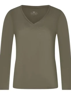 T-shirt à manches longues kaki chiné avec un col v brodé et une coupe droite