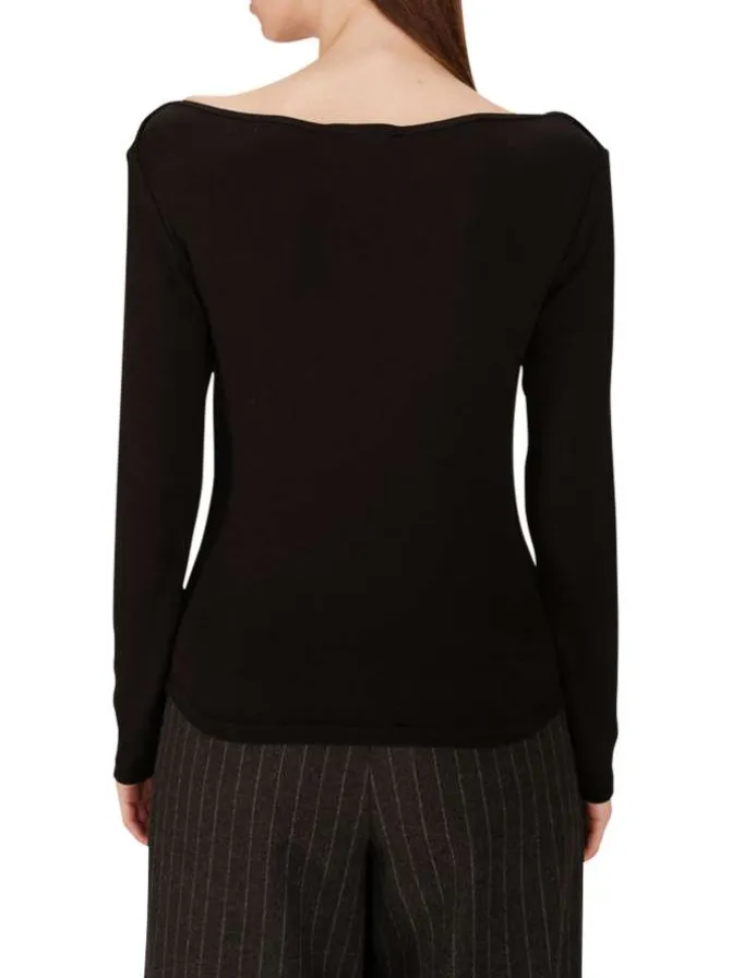 T-shirt manches longues noir uni avec une coupe ajustée et un col bateau