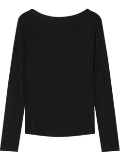 T-shirt manches longues noir uni avec une coupe ajustée et un col bateau