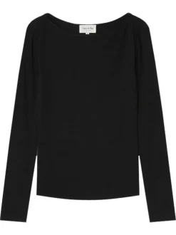 T-shirt manches longues noir uni avec une coupe ajustée et un col bateau