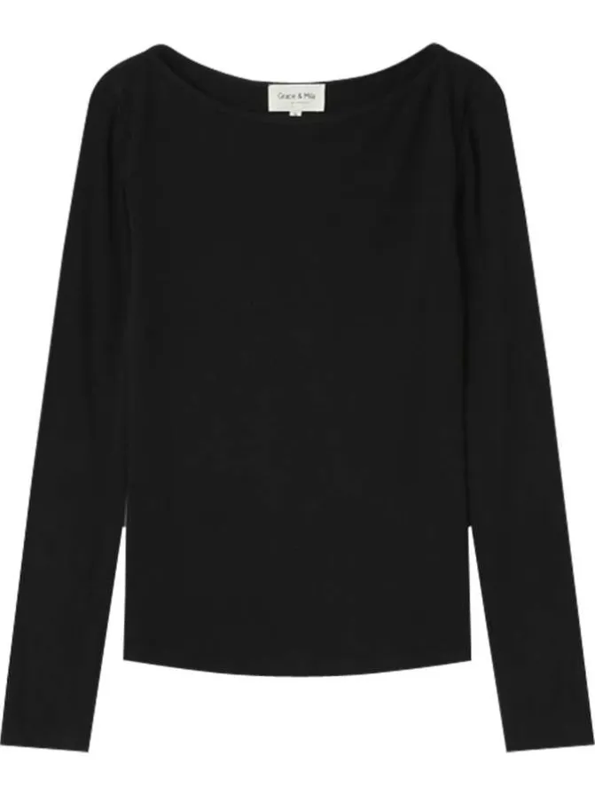 T-shirt manches longues noir uni avec une coupe ajustée et un col bateau