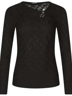 T-shirt manches longues noir uni à coupe près du corps et à col v avec un bijoux