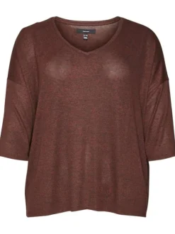 T-shirt manches 3/4 rouge brique chiné à coupe droite et à col v
