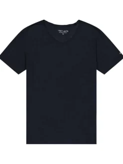 T-shirt marine chiné avec une coupe droite un col v et des manches courtes