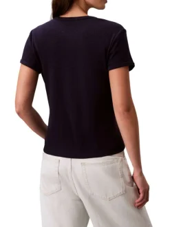 T-shirt marine à coupe droite pourvu d'un col rond et de manches courtes