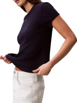 T-shirt marine à coupe droite pourvu d'un col rond et de manches courtes