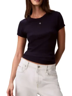 T-shirt marine à coupe droite pourvu d'un col rond et de manches courtes
