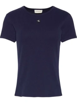 T-shirt marine à coupe droite pourvu d'un col rond et de manches courtes