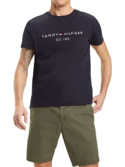 T-shirt marine en coton biologique col rond et manches courtes avec logo brodé sur la poitrine