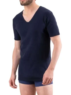 T-shirt marine en pur coton avec une coupe droite et un col v