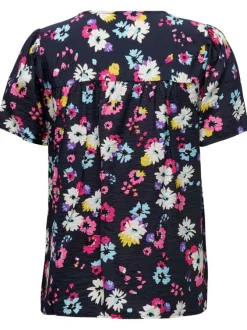 T-shirt marine imprimé floral multicolore avec une coupe droite et un col v