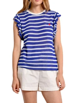 T-shirt marine rayé avec une coupe droite col rond et des manches courtes