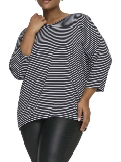 T-shirt marine à rayures avec une coupe ajustée et des manches 3/4