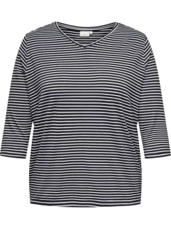 T-shirt marine à rayures avec une coupe ajustée et des manches 3/4