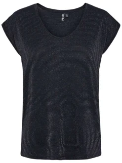 T-shirt marine à rayures avec une coupe loose un col v et détail lurex