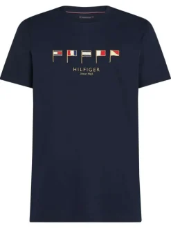 T-shirt marine uni en coton avec une coupe droite et des drapeaux sur le devant