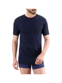 T-shirt marine uni en coton premium avec col rond et coupe droite