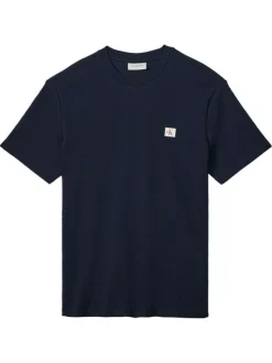 T-shirt marine uni en maille piquée avec une coupe droite et un col rond